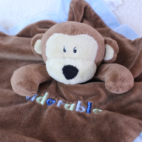 First Impressions MONKEY Plush Security Blanket Lovey Brown Blue 12.5" x 12.5" - Picture 2 of 6